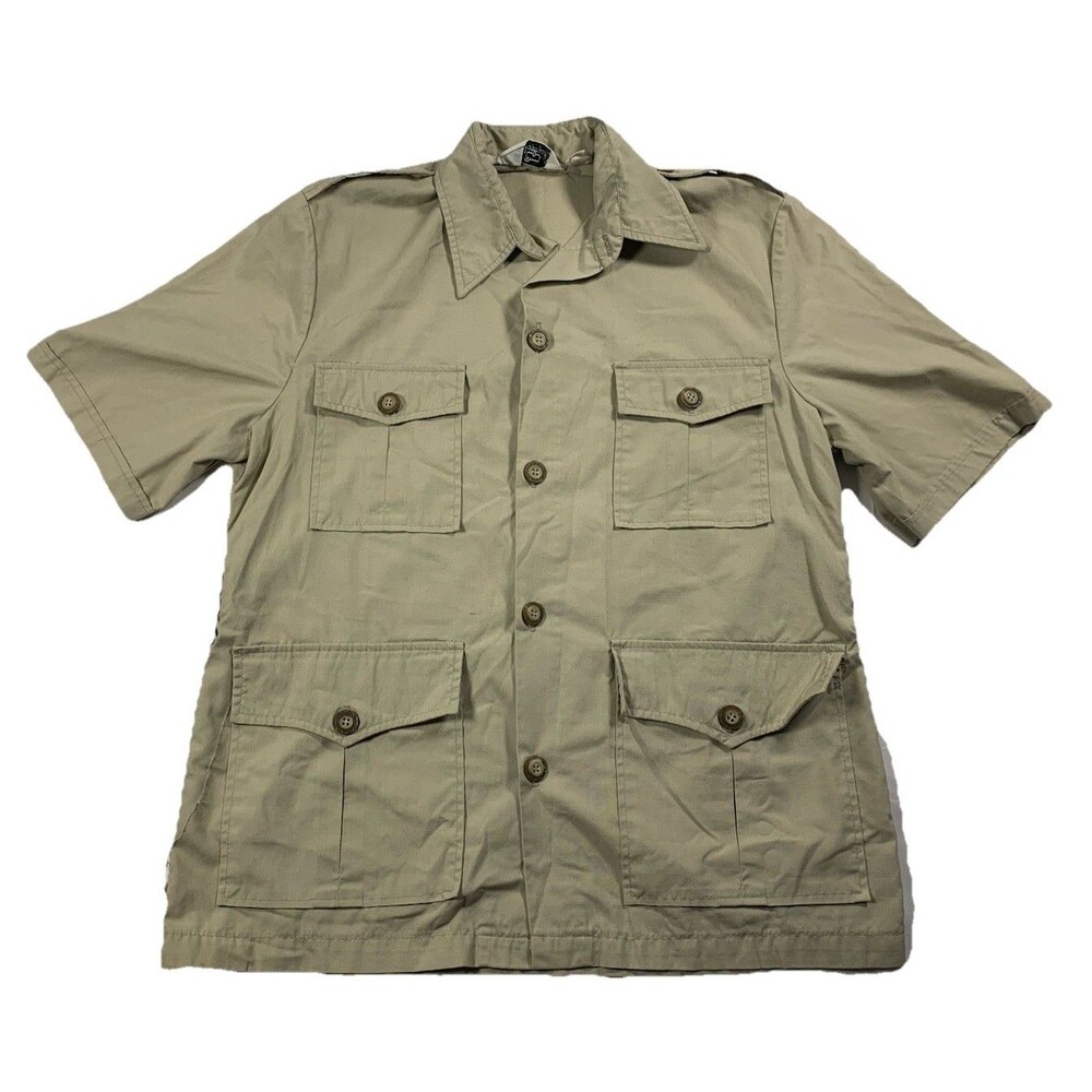 Vintage Woolrich Khaki Brown Tan Short Sleeve Button Up Mens Shirt Sz XL